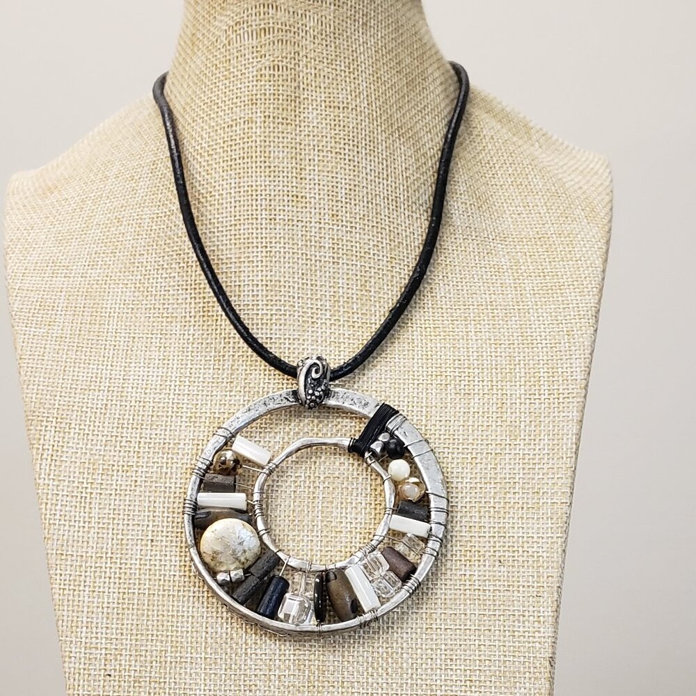 Chico''s,  brown chord, large stone, gem silver tone medallion fashion necklace